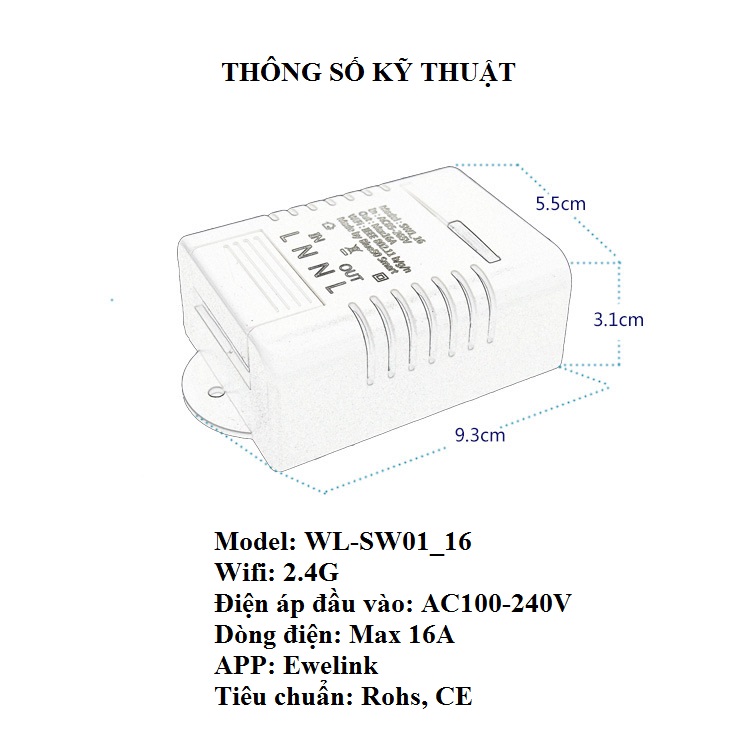 Công tắc Wifi thông minh hẹn giờ bật/tắt trong nhà công suất lớn WL-SW01-16 cao cấp (Tặng quạt nhựa mini cắm cổng USB-GIAO NGẪU NHIÊN)