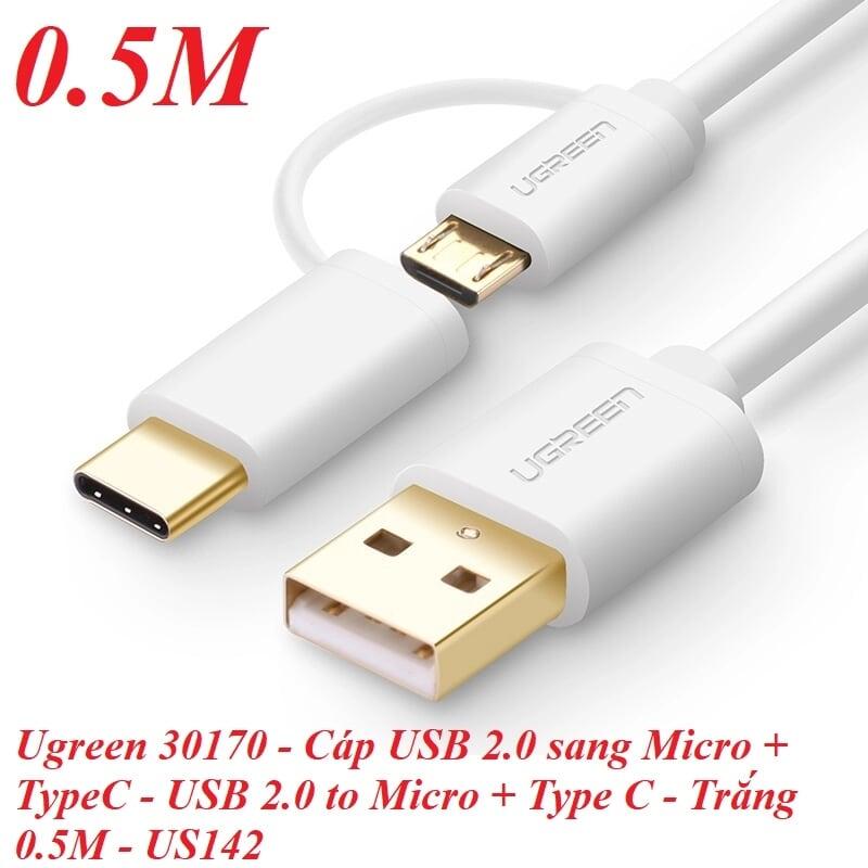 Ugreen UG30170US142TK 0.5M màu trắng Cáp USB-A sang Micro USB + USB-C cao cấp - HÀNG CHÍNH HÃNG