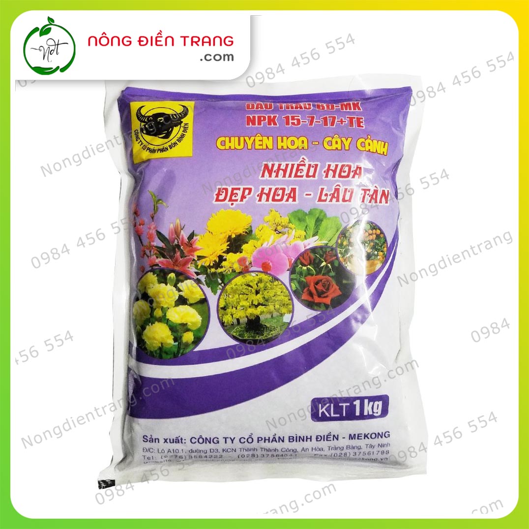PHÂN BÓN ĐẦU TRÂU BĐ-MK 15-7-17+TE- GÓI 1KG - CHUYÊN HOA CÂY CẢNH, NHIỀU HOA, ĐẸP HOA, LÂU TÀN VTNN Nông Điền Trang
