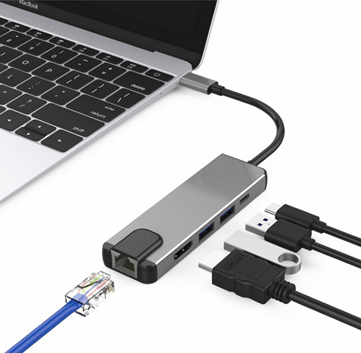 Hub USB Type C 5 in 1 To HDMI, RJ45, 2 x USB 3.0, USB Type C - Màu Ngẫu Nhiên (F1)