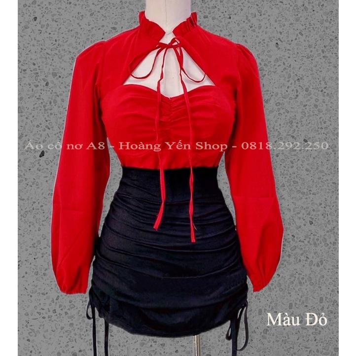 Bộ Áo cổ nơ A8 và chân váy rút CV08.Áo chất liệu kate lụa siêu đẹp, chân váy cotton co dãn 4 chiều có dây rút siêu xinh