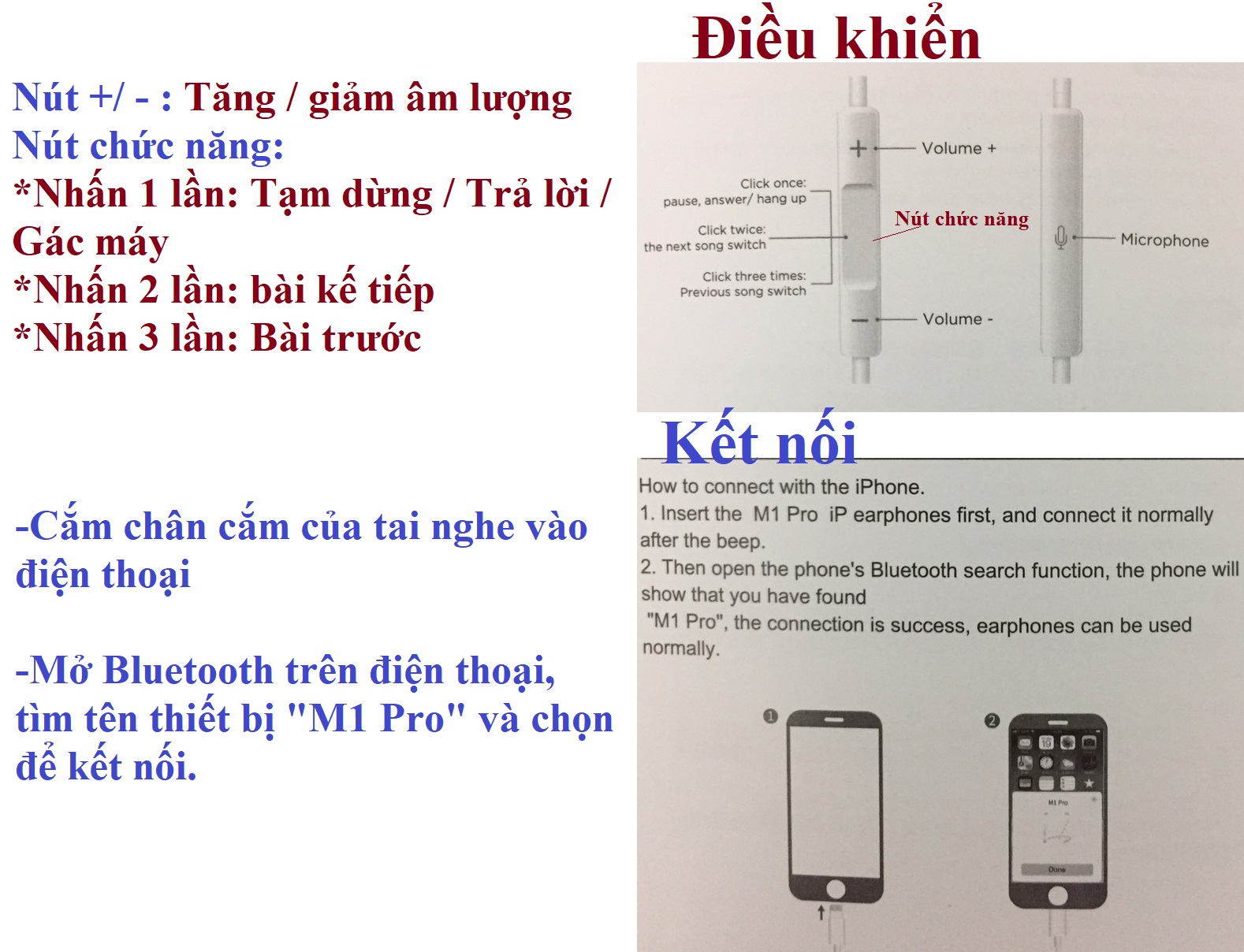 Tai nghe nhét tai có mic chân ip kết nối bluetooth cho điện thoại ip hoco M1 PRO _ Hàng chính hãng