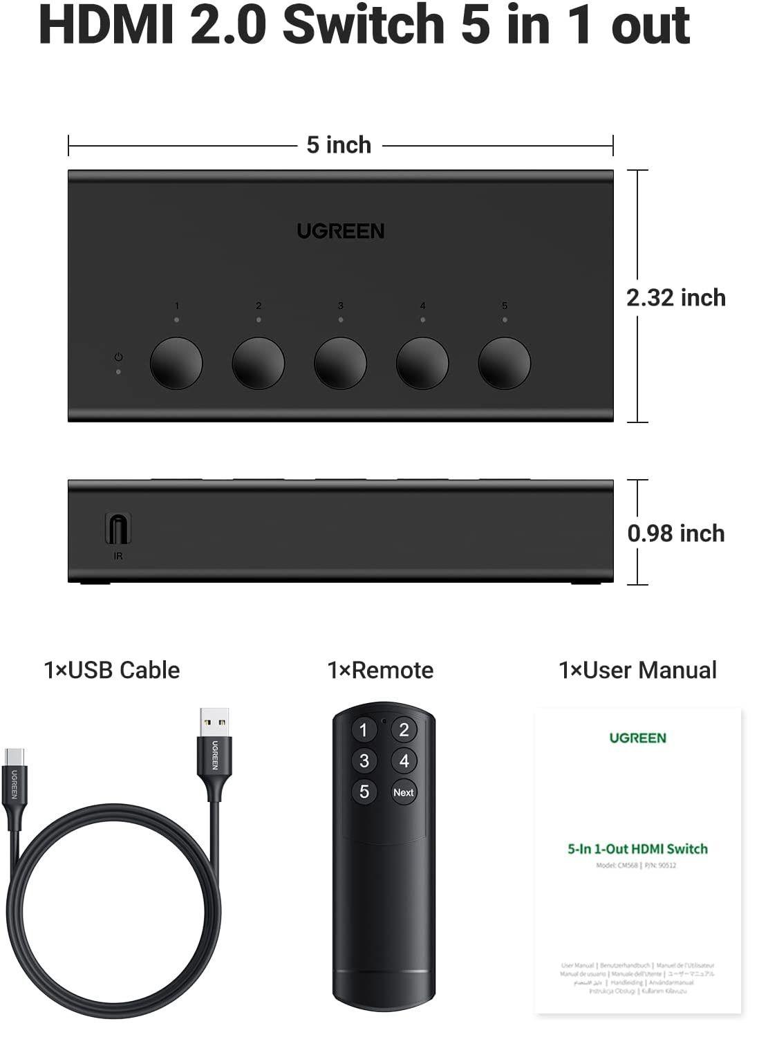 Ugreen UG90512CM568TK 4K60Hz Bộ gộp HDMI 2.0 5 vào 1 ra kèm cáp cấp nguồn USB-C dài 1M + remote - HÀNG CHÍNH HÃNG