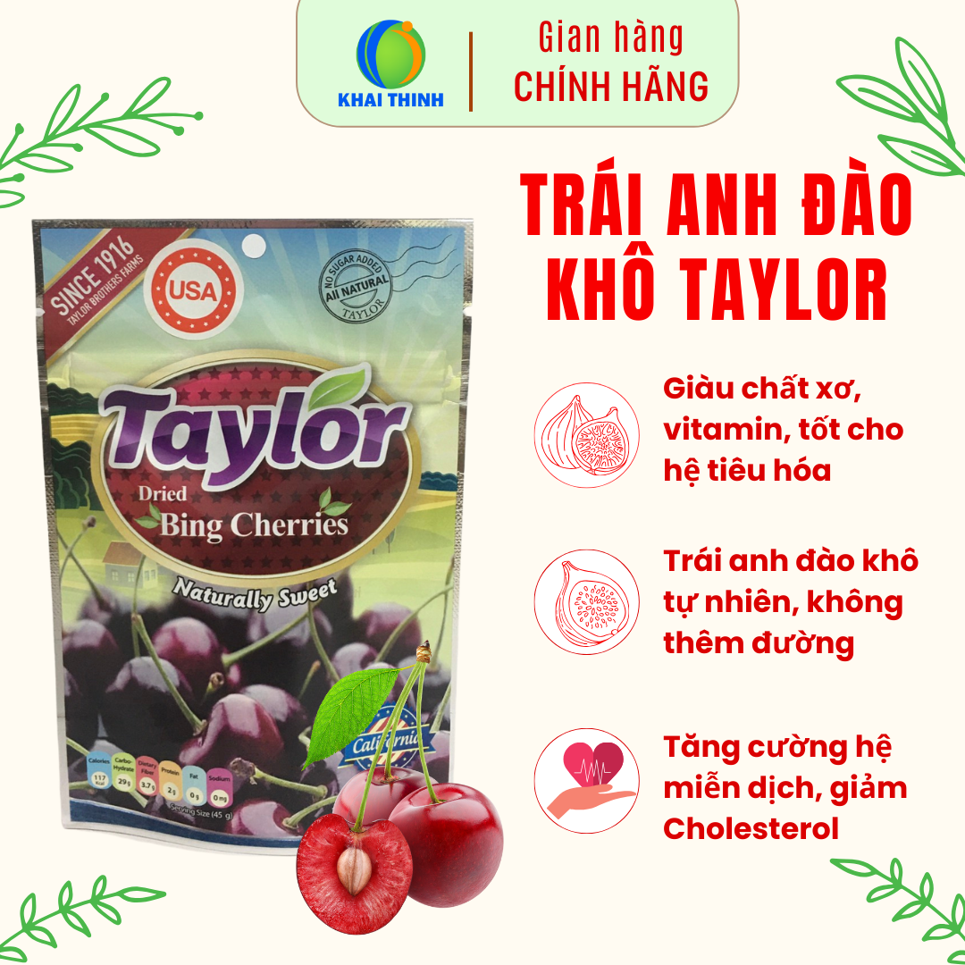 Anh Đào Cherry Khô Taylor Khô Tự Nhiên Không Đường Cho Bé Ăn Vặt Bà Bầu Ăn Kiêng Giảm Cân Nhập Khẩu Mỹ 45gr