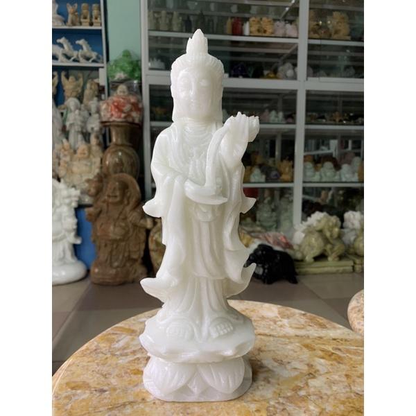 Bộ Tượng Tam Thế Phật Đứng Đài Sen Đá Cẩm Thạch Trắng - cao 31.5cm
