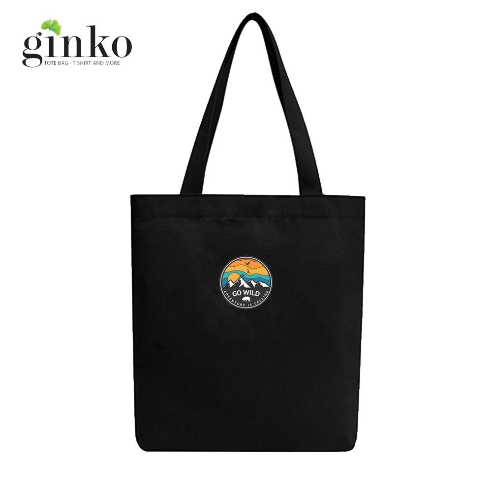 Túi Tote Vải Canvas Ginko kiểu basic có dây kéo khóa miệng túi đựng vừa laptop 14 inch và nhiều đồ dùng khác Phong Cách ulzzang Hàn Quốc In Hình Go Wild B12