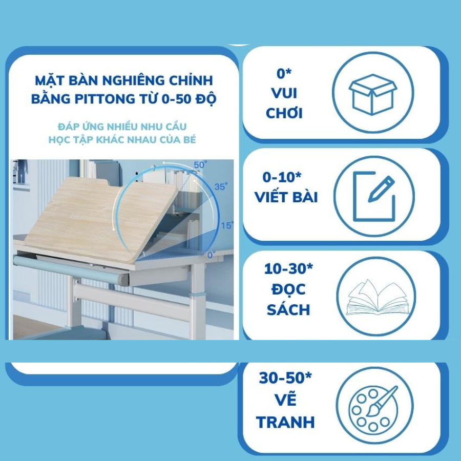 Bộ bàn học chống gù F04, Bàn học cho bé kèm giá sách vòm, Thiết kế mới, Kích thước lớn 90cm