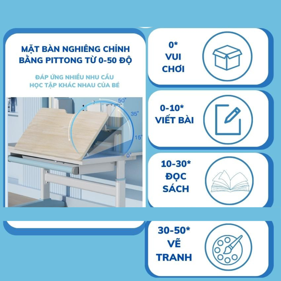 Bộ bàn học chống gù F04 , Bàn học cho bé có giá sách, Nâng hạ tay quay cao cấp, Giá tốt