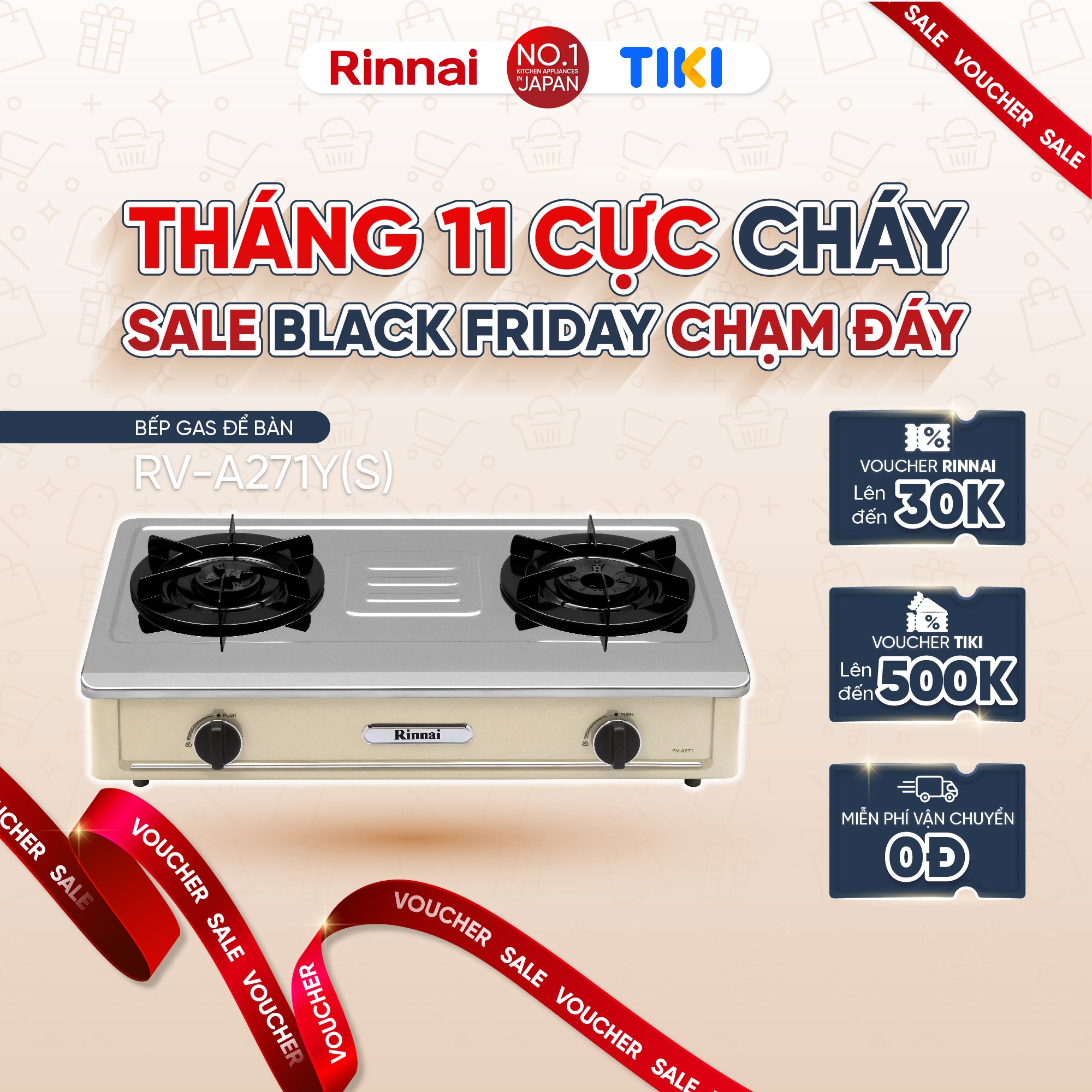 Bếp gas dương Rinnai RV-A271Y(S) mặt bếp inox và kiềng bếp men - Hàng chính hãng.