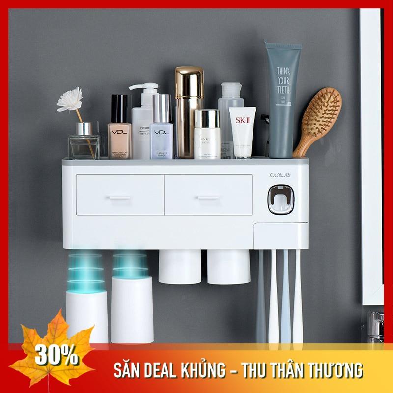 Kệ Nhà Tắm Thông Minh I Kèm cốc hút từ tính + Bộ nhả kem đánh răng tự động I Dán tường