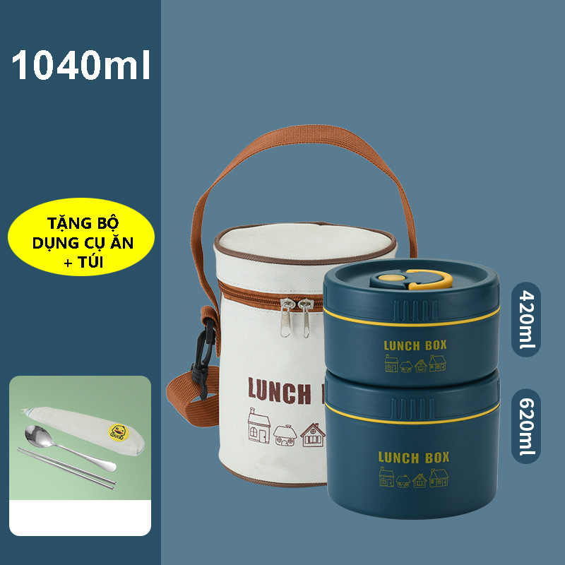 Hộp Đựng Cơm Giữ Nhiệt Lunch Box INOX 304 - Tặng kèm Túi + Bộ dụng cụ ăn