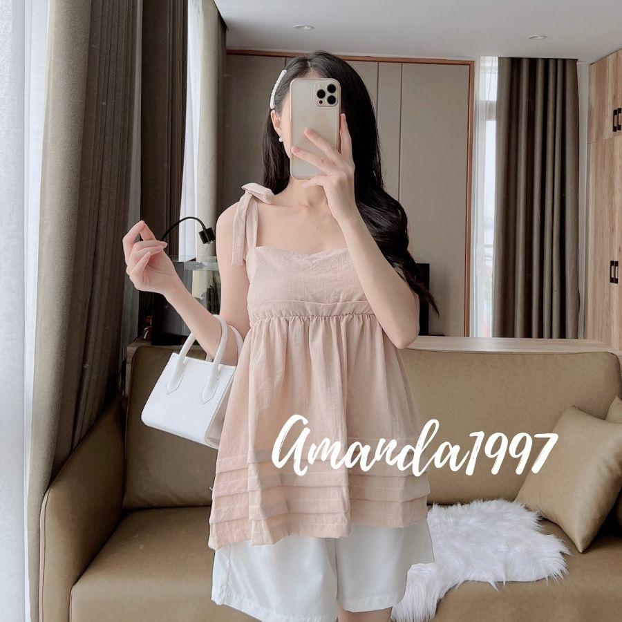 {Amanda} Set áo hai dây buộc nơ xốp mix quần short trắng ngây thơ - set áo 2 dây 5 màu thời trang nữ