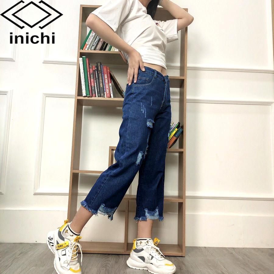 Quần baggy jean nữ Q703 xanh nhạt cạp cao kiểu rách form ống rộng INICHI Official