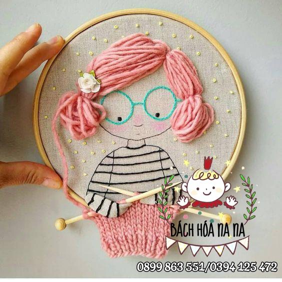 DIY Bộ kit tự thêu tranh cô gái đáng yêu-làm tóc cho cô gái -tự thêu trang trí nhà cửa Decor Handmade - Na Na Shop