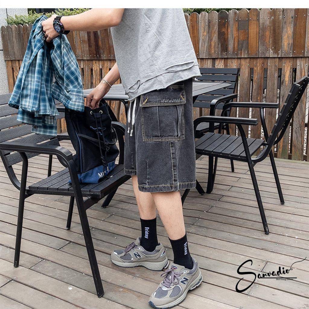 Quần short nam DENIM Sanvadio -quần đùi nam 2 màu xanh và xám khói phong cách retro hàn quốc