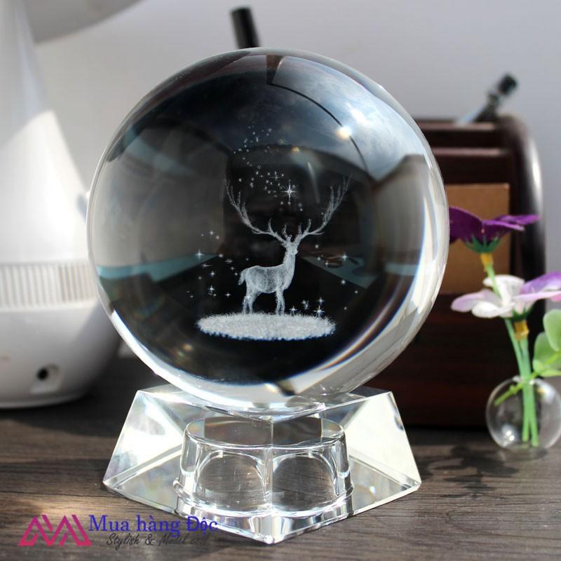 Bộ Quà Tặng Quả Cầu Pha Lê Danledion Khắc Laser 3D LED Chú Hươu