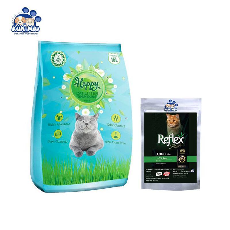 Combo cát vệ sinh cho mèo Happy 15L + thức ăn cho mèo Reflex Plus