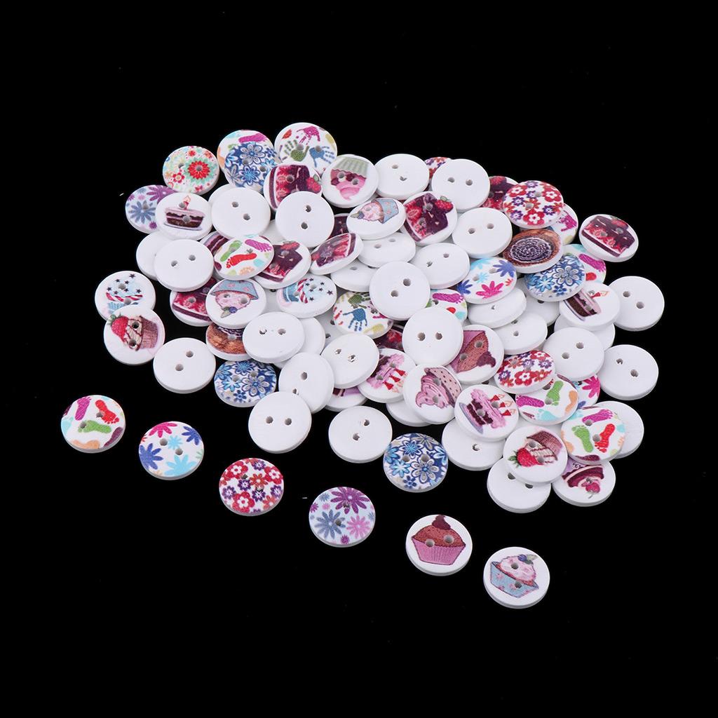 100pcs Flower Printed Wooden Buttons 2 Holes 15mm DIY Clothing Scrapbook Crafts