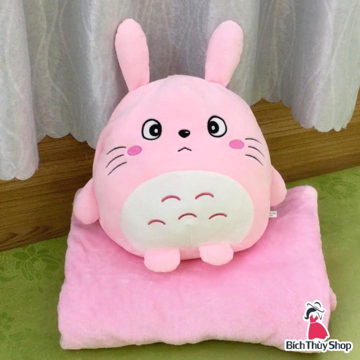 Gối mền gấu bông Totoro Thỏ Hồng bộ chăn gối văn phòng siêu đáng iu với thú bông đút tay 30*35cm và mền 1*1,7m