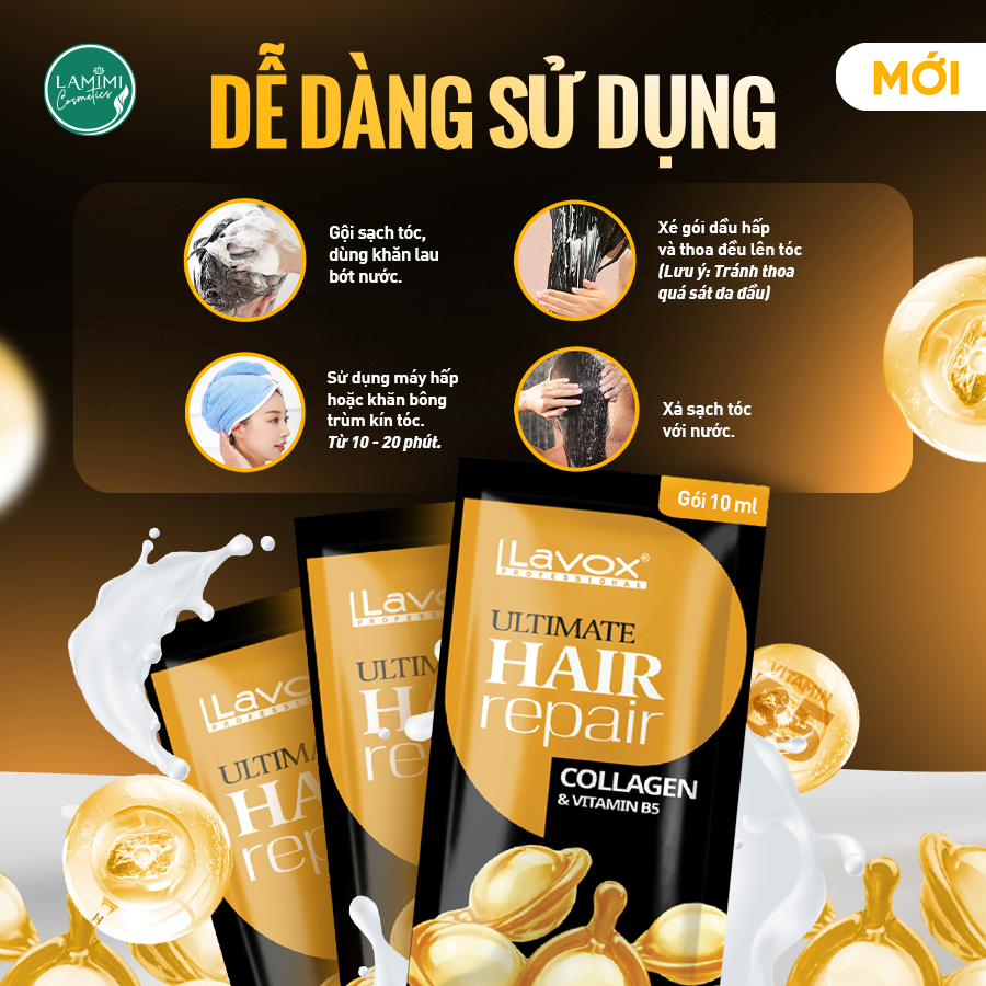 Dầu hấp Lavox phục hồi tóc hư tổn toàn diện dạng gói 10ml tiện lợi
