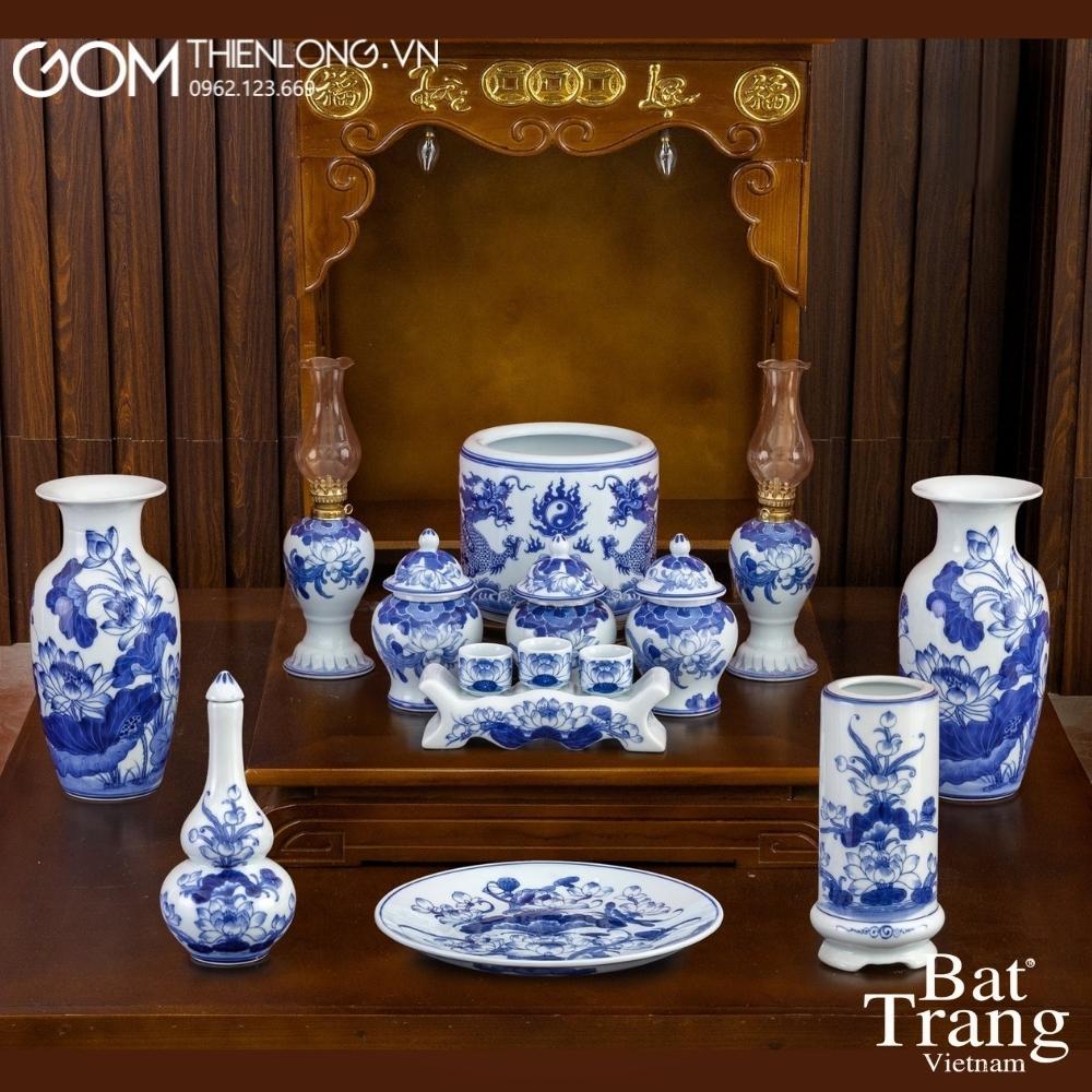 Bộ Đồ Thờ Gia Tiên Xanh Lam Ngọc Cao Cấp - Đồ Thờ Cúng Bát Tràng - Gốm Thiên Long
