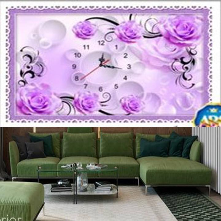 Tranh đá đồng hồ hoa hồng tím DF2712 - kích thước: 80 * 53cm.