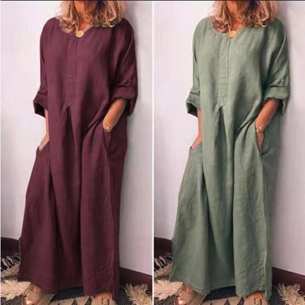 Women's Long Dress Pockets Loose O-Neck Plus Size Solid Lady Clothes Fashion Casual