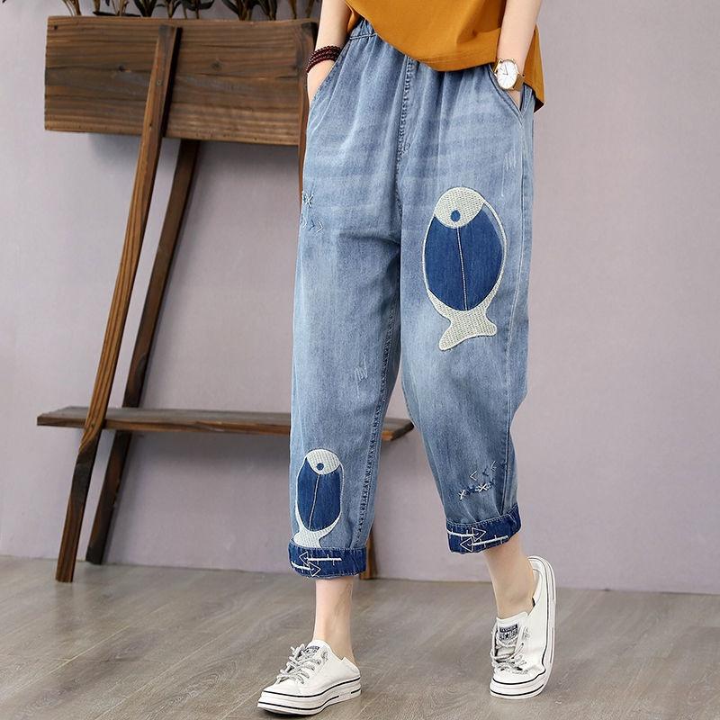 Quần Jeans Lửng Lưng Cao Dáng Rộng Thêu Họa Tiết Phong Cách Retro Cho Nữ