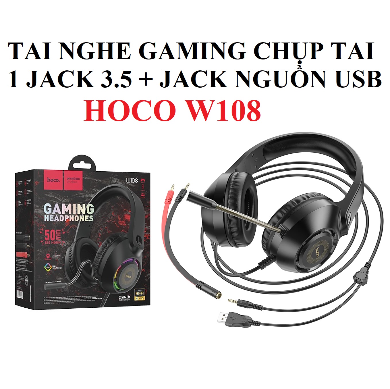 Tai nghe chụp tai gaming 1 chân 3.5mm đèn LED cho điện thoại laptop hoco W108 _ Hàng chính hãng