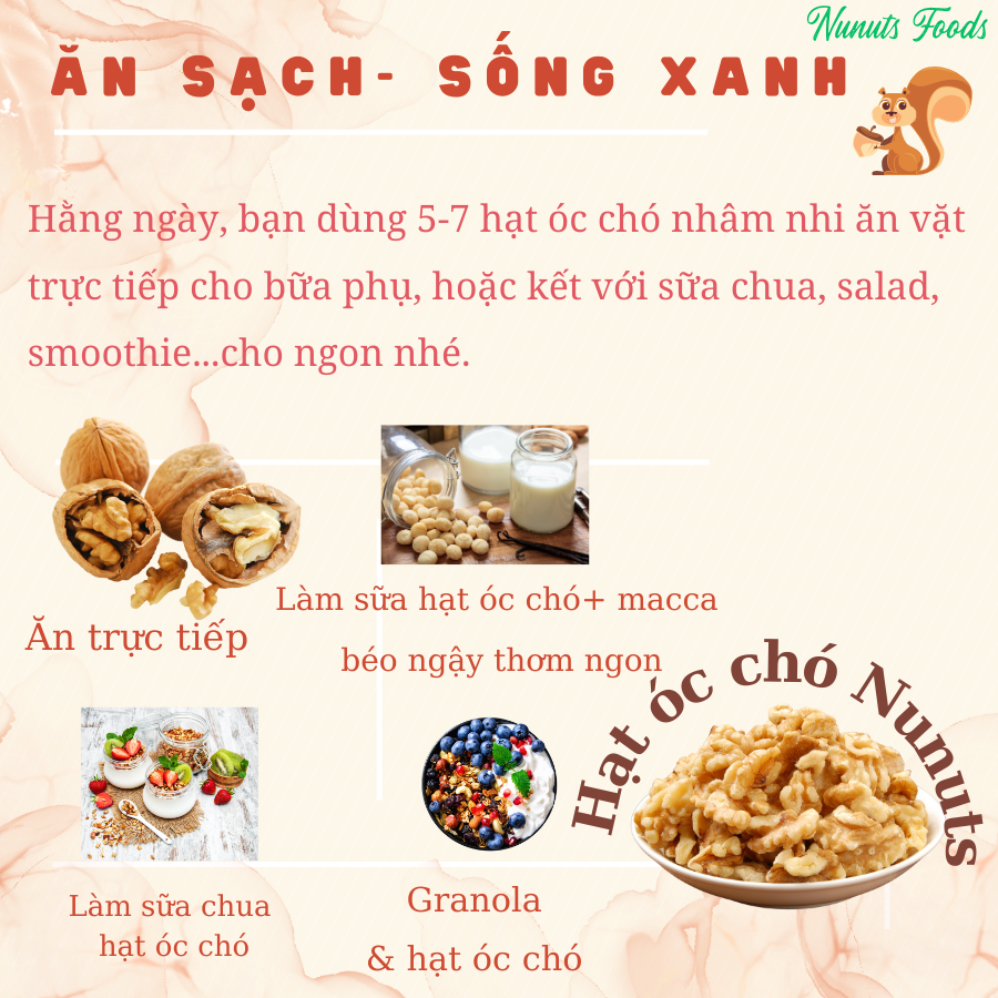 Mix hạt dinh dưỡng gồm 2 loại óc chó đã tách vỏ Mỹ có loại làm sữa, sấy giòn và nướng mật ong Nunuts