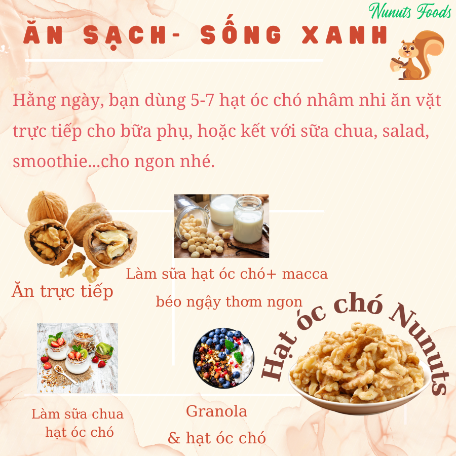 Mix hạt dinh dưỡng gồm 2 loại óc chó đã tách vỏ Mỹ ( óc chó đỏ, óc chó vàng) có loại làm sữa, sấy giòn và nướng mật ong Nunuts