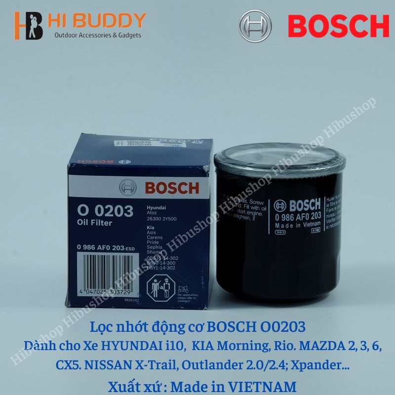 Lọc nhớt BOSCH O0203 Hyundai I10; Kia Morning, Rio; Mazda 2/3/6/CX5/CX8; Mitsubishi Xpander, Outlander..