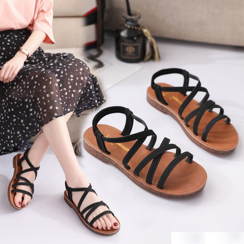 Giày sandal quai chéo đan da lộn đế cao su chắc chắn (màu đen)