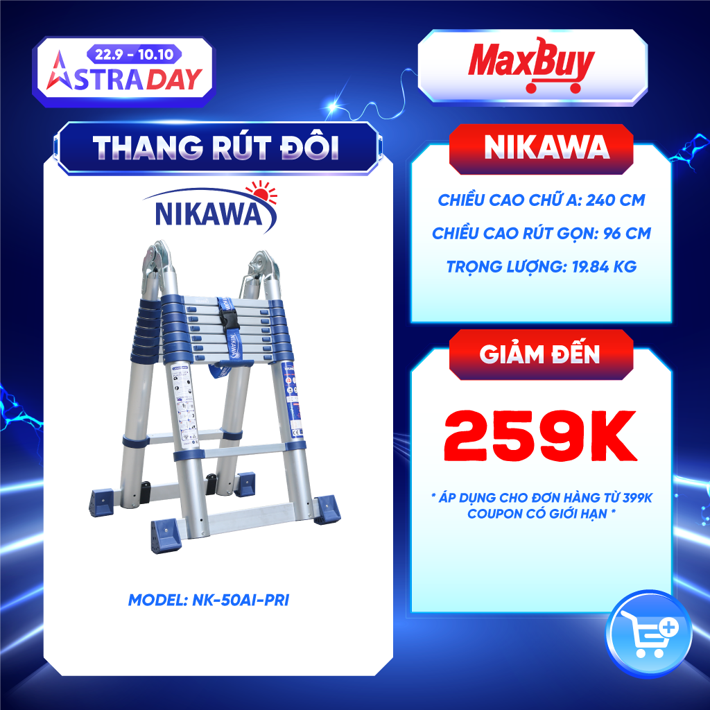 Thang Nhôm Rút Đôi Chữ A Nikawa NK-50AI-Pri, Chiều cao chữ A 2,5m, chữ I 5M - Hợp Kim Nhôm Cao Cấp, Rút Gọn Tiện Lợi, Chân Đế Chống Trượt, Dễ Dàng Di Chuyển