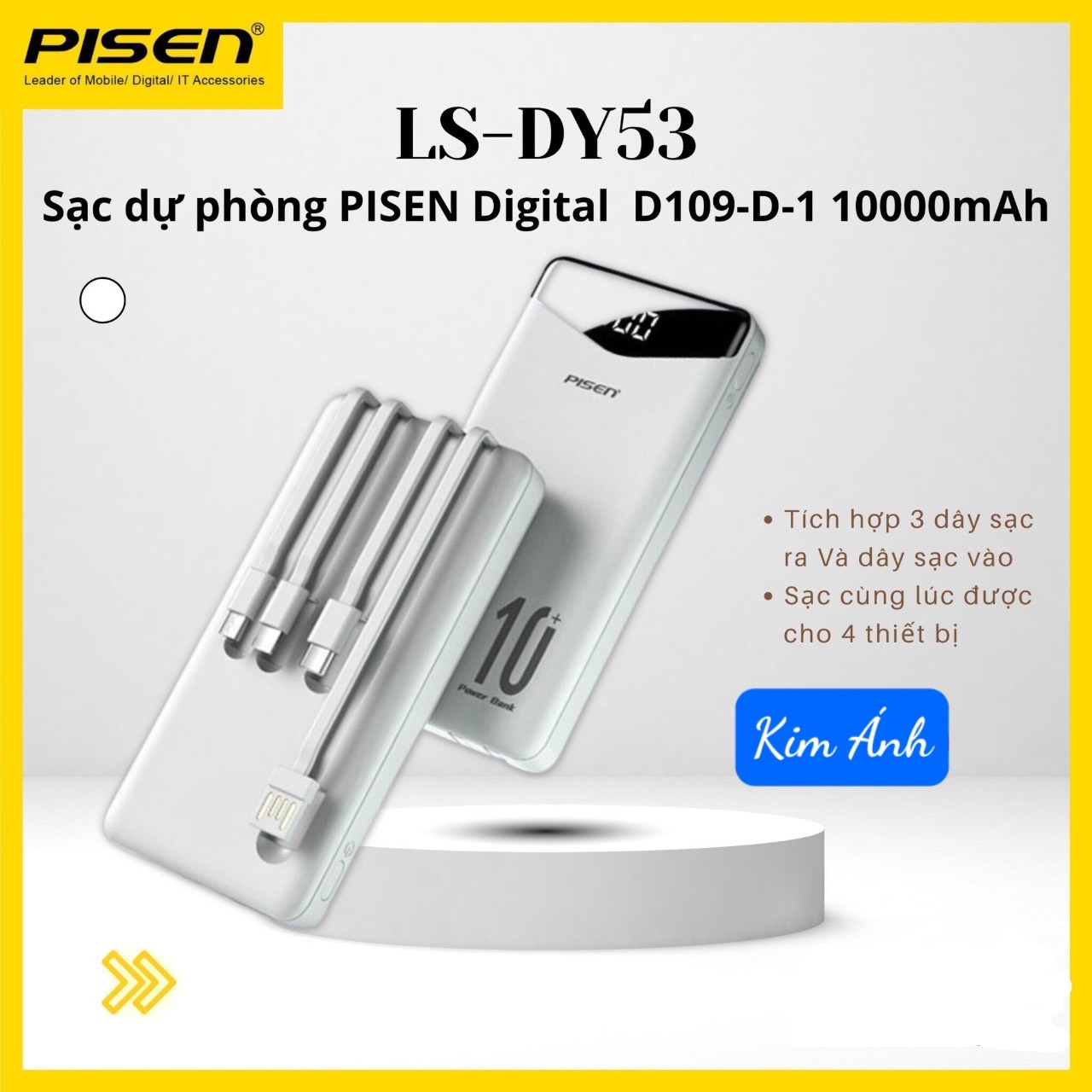 Sạc dự phòng PISEN Digital D109-D-1 10000mAh kèm cáp Type-C, L, Micro, tương thích mọi thiết bị (LS-DY53), màu trắng, Hàng chính hãng