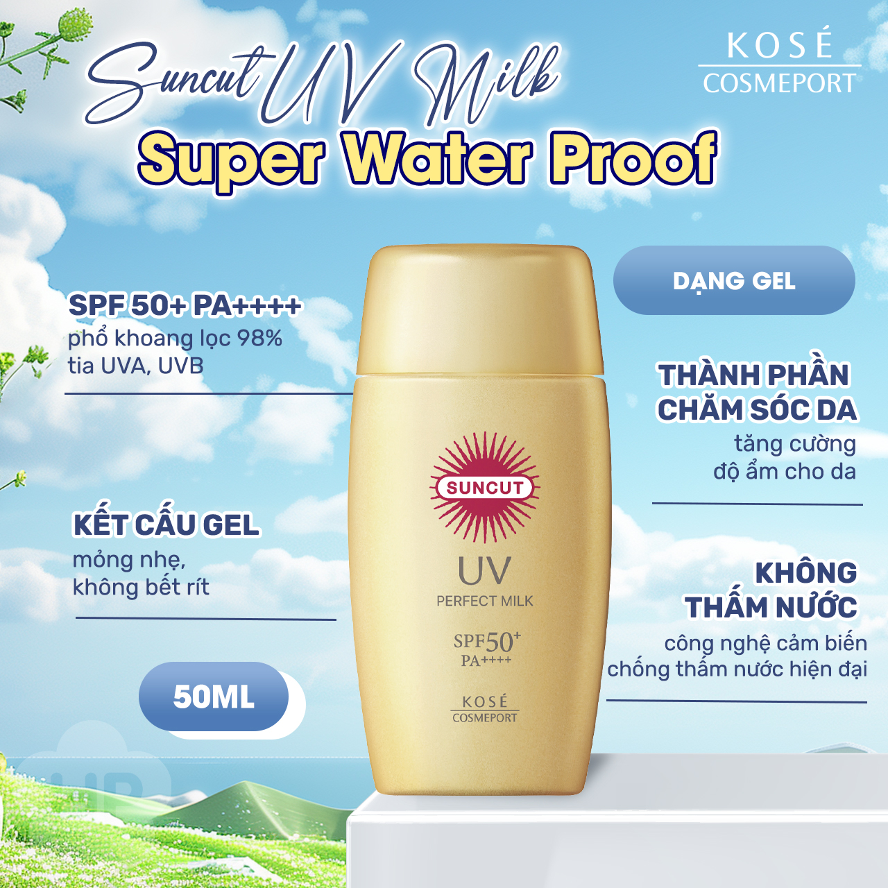 Essence Chống Nắng SPF50+ PA++++ Kose Suncut UV Perfect Essence Super Water Proof SPF50+ PA++++ (04 Loại)