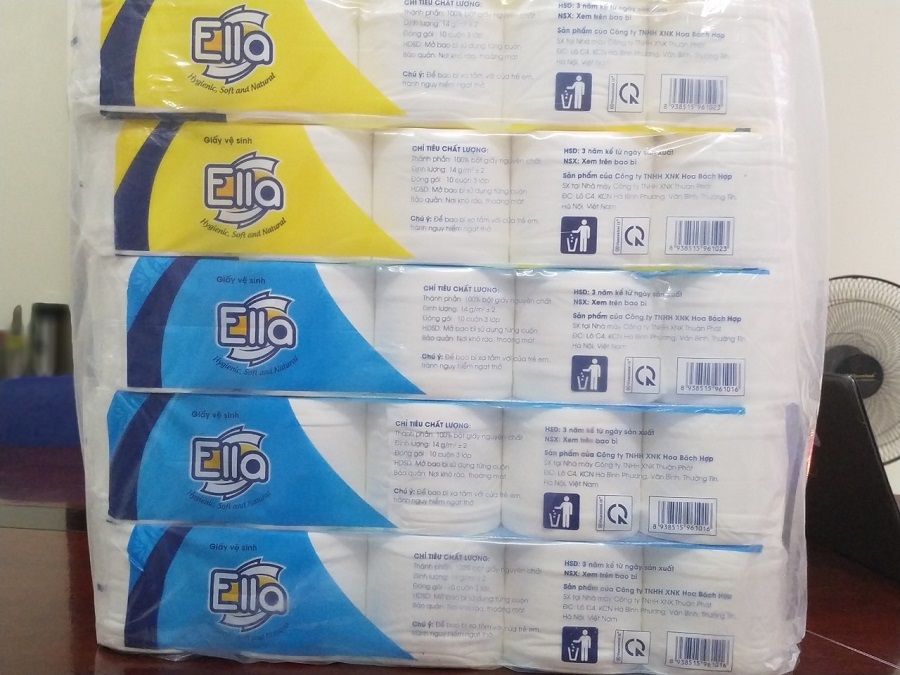 LỐC 5 DÂY GIẤY VỆ SINH ELLA 10 CUỘN 3 LỚP  (3 túi xanh + 2 túi vàng )