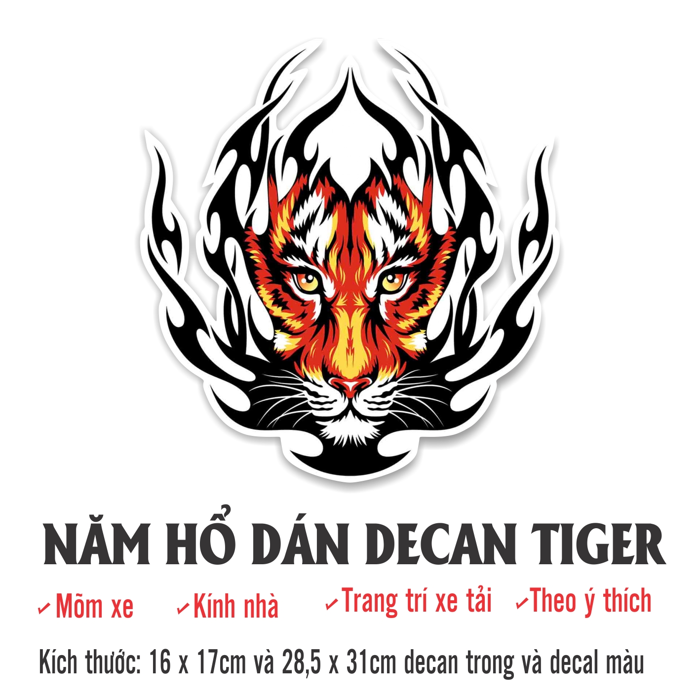 Tem đầu hổ dán mõm xe, trang trí xe máy, ô tô nhiều kích thước hình hổ lửa trang trí xe tải nhiều kích thước chất liệu decal ngoài trời