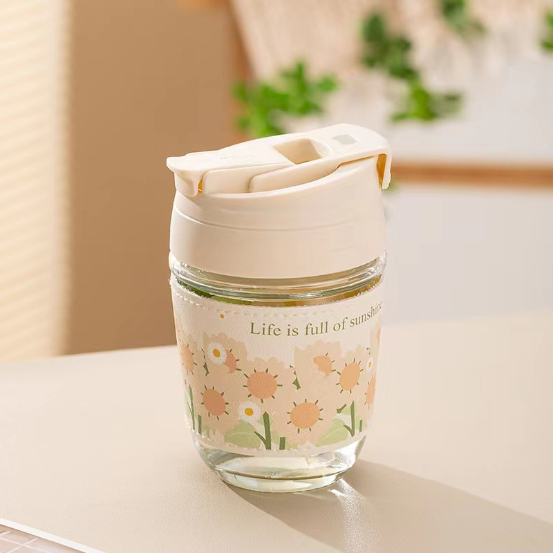 Ly Thủy Tinh Bình Nước Quai Ngọc Bao Da Hoa Chống Nóng Kèm Ông Hút Sang Chảnh 350Ml 13X8Cm