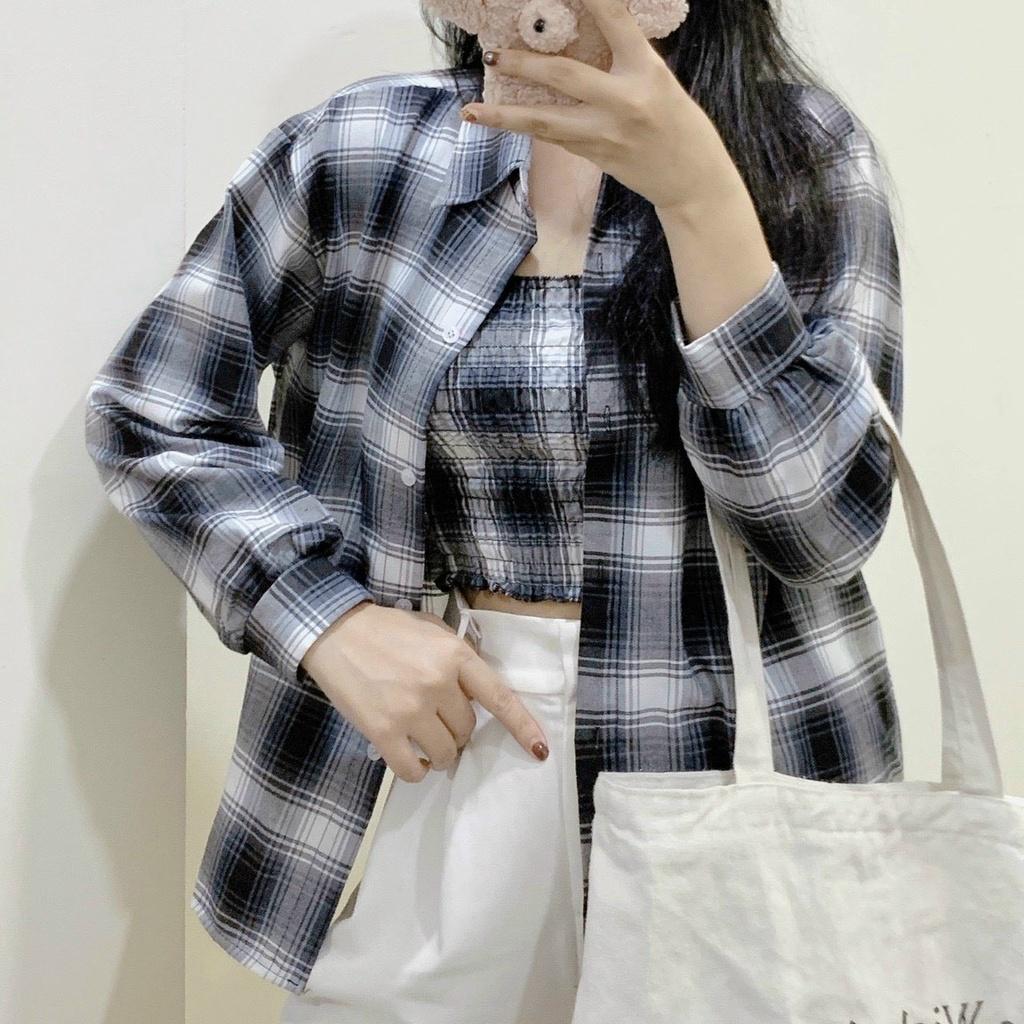 Combo Áo sơ nữ áo trong và ngoài kiểu dáng caro cực đẹp phối nút tay bo nhiều màu