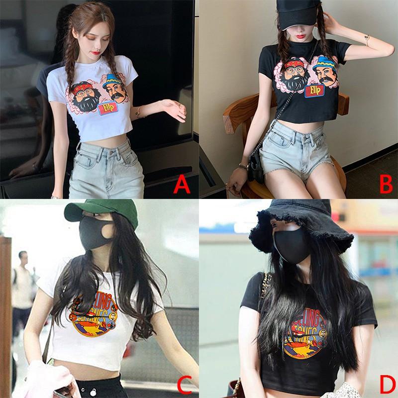 Áo Croptop Tay Ngắn Cổ Tròn In Họa Tiết Thời Trang Phong Cách Hàn Quốc