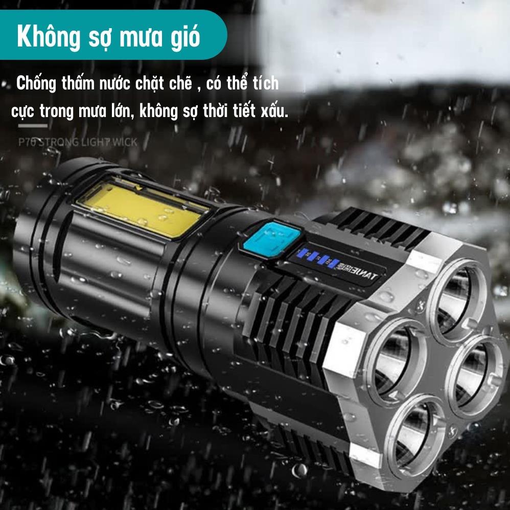 Đèn Pin Cầm Tay Chiếu Xa Siêu Sáng 4 Bóng 4 Chế Độ Sạc Tích Điện, Đèn Pin Led, Du Lịch