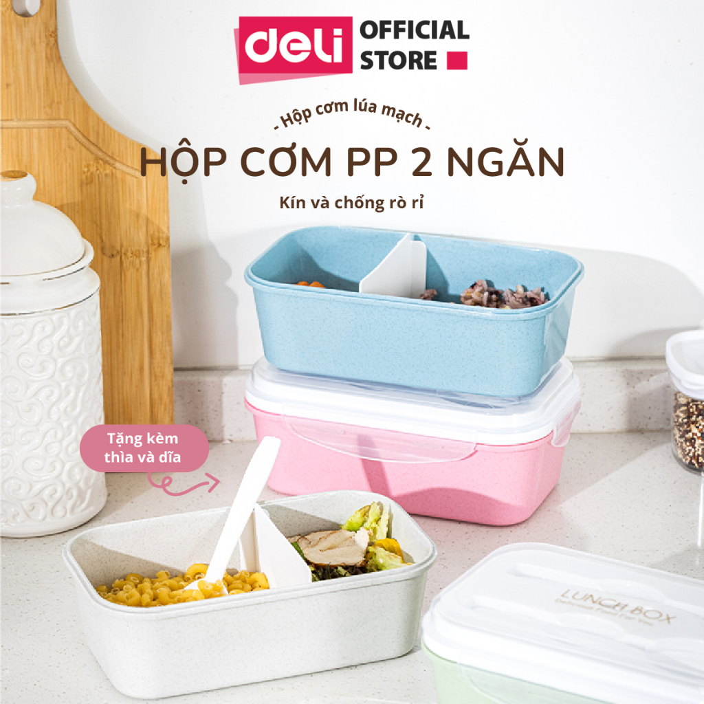 Hộp Cơm Trưa Văn Phòng Lúa Mạch Deli - 2 Ngăn Linh Hoạt Có Thể Sử Dụng Trong Lò Vi Sóng Chống Tràn An Toàn, Hộp Đựng Cơm Tặng Kèm Thìa Dĩa