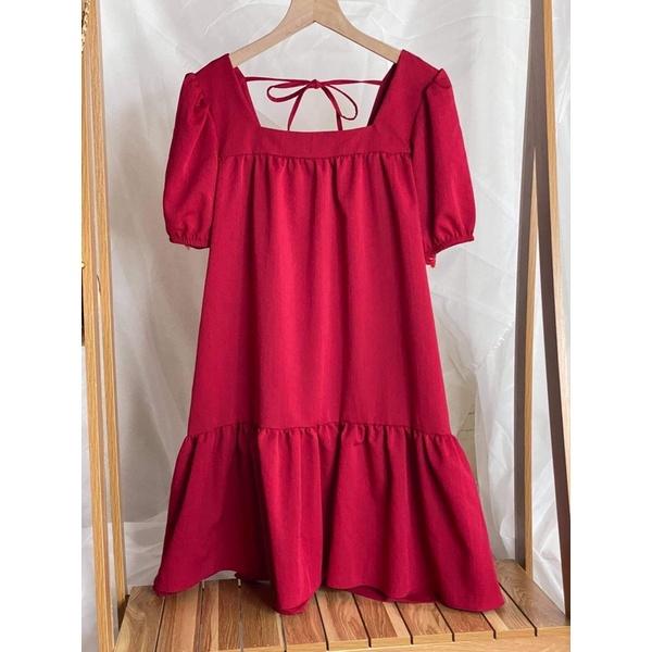 Váy maxi chất đũi freesize đuôi cá dáng rộng buộc dây sau - Đầm bầu from rộng hai màu đen, đỏ