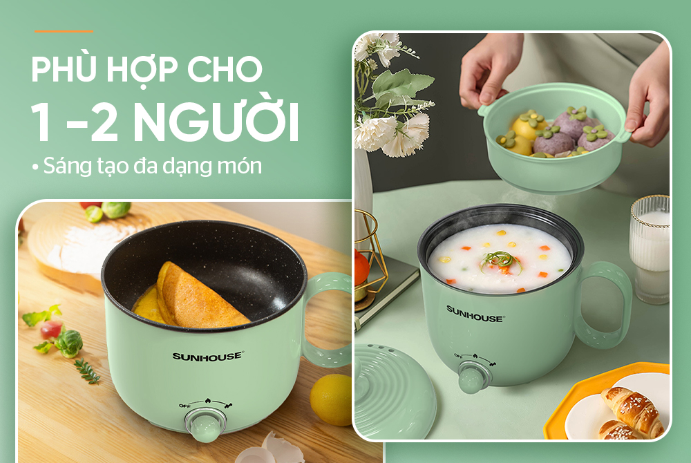 Ca lẩu điện 1.5L Sunhouse SHD4515G - 800W, 4 chức năng, phù hợp cho 1-2 người - Lòng nồi inox, chống dính Flead an toàn - Hàng chính hãng