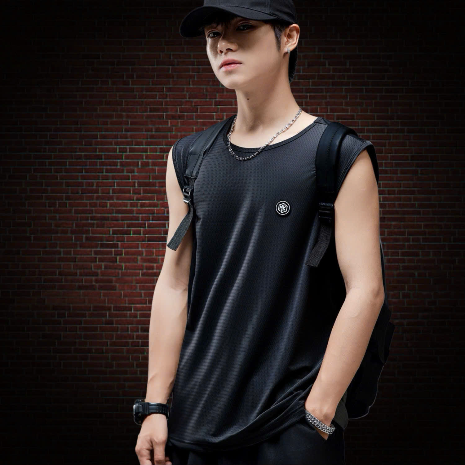 Áo thun ba lỗ nam nữ 2N Unisex in logo màu đen/xám/đen họa tiết
