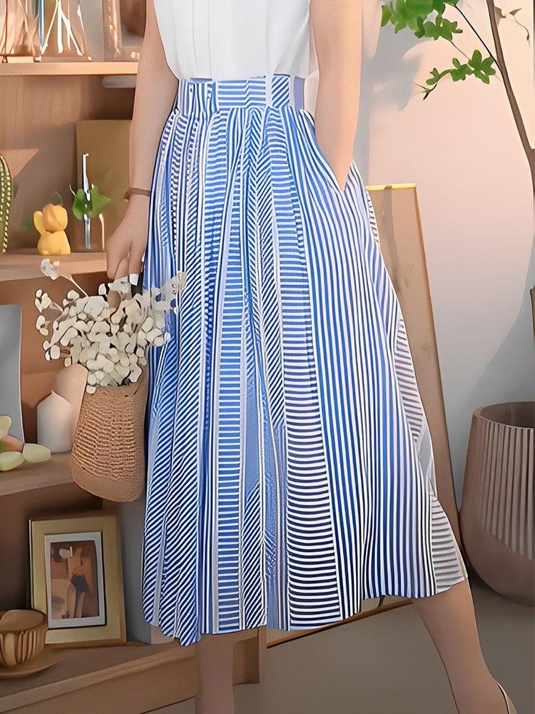 DONGSHOP Nhỏ con kiểu Pháp cao cấp váy dài thiết kế cảm giác nhỏ màu xanh sọc cao eo chữ A nửa người váy nữ mùa hè