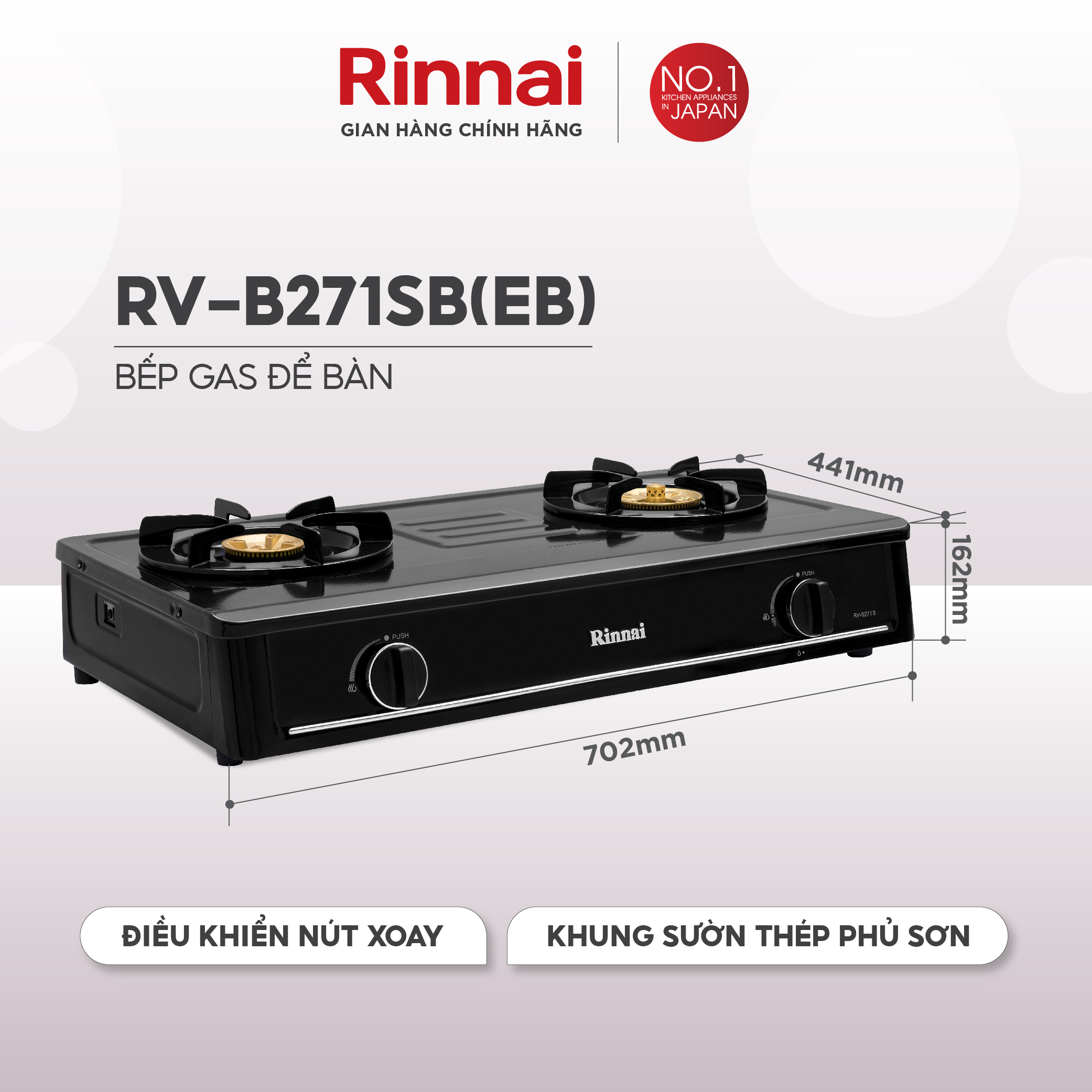 Bếp gas dương Rinnai RV-B271SB(EB) mặt bếp men và kiềng bếp men - Hàng chính hãng.