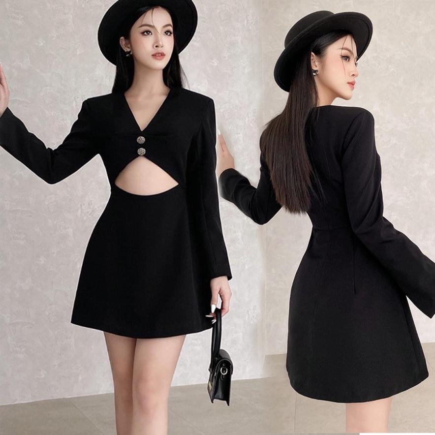 Đầm váy thiết kế sexy hở bụng 100% cotton đen tay dài cổ V xoè chữ A đi biển dự tiệc dạo phố rẻ đẹp bigsize