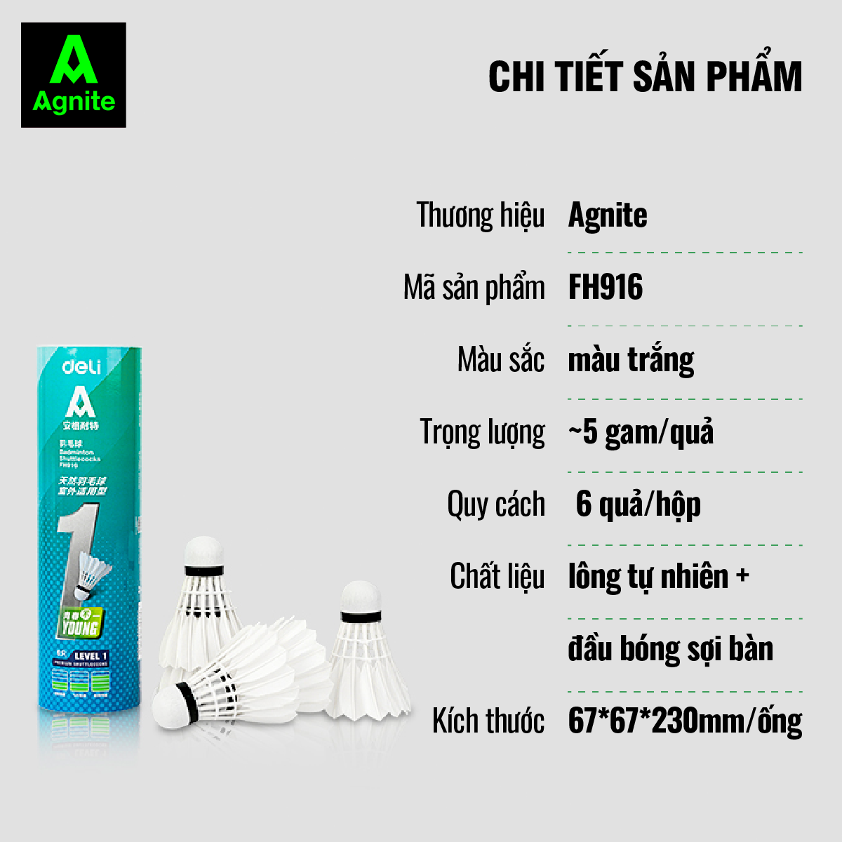 Hộp cầu lông cao cấp chính hãng Agnite, ống cầu lông vũ phục vụ luyện tập, thi đấu chuyên nghiệp - FH915